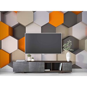 3 Boyutlu Antrasit Turuncu Altıgen Duvar Kağıdı Baskı 425x240 cm