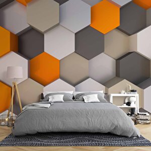 3 Boyutlu Antrasit Turuncu Altıgen Duvar Kağıdı Baskı 375x260 cm