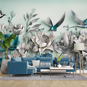 3 Boyutlu Çiçek Ve Kuş Kabartma Görünümlü Duvar Kağıdı Baskı 900x300 cm