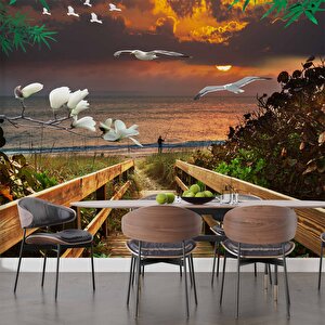 Deniz Kuş Ağaç Çiçek Günbatımı Manzaralı Modern Duvar Kağıdı Baskı 100x260 cm