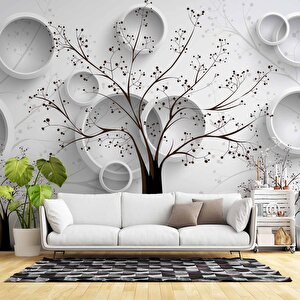 3 Boyutlu Ağaç Ve Halka Desenli Beyaz Duvar Kağıdı 200x200 cm
