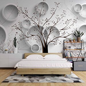 3 Boyutlu Ağaç Ve Halka Desenli Beyaz Duvar Kağıdı 200x200 cm