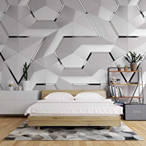 3 Boyutlu Beyaz Geometrik Kabartma Görünümlü Duvar Kağıdı Baskı 225x300 cm
