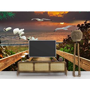 Deniz Kuş Ağaç Çiçek Günbatımı Manzaralı Modern Duvar Kağıdı Baskı 500x300 cm