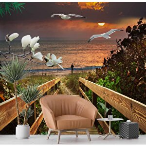 Deniz Kuş Ağaç Çiçek Günbatımı Manzaralı Modern Duvar Kağıdı Baskı