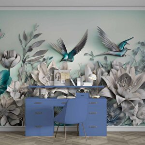 3 Boyutlu Çiçek Ve Kuş Kabartma Görünümlü Duvar Kağıdı Baskı