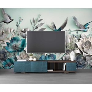 3 Boyutlu Çiçek Ve Kuş Kabartma Görünümlü Duvar Kağıdı Baskı 350x240 cm