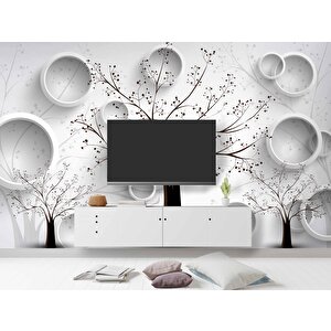 3 Boyutlu Ağaç Ve Halka Desenli Beyaz Duvar Kağıdı