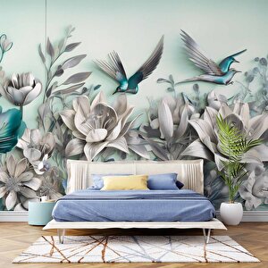 3 Boyutlu Çiçek Ve Kuş Kabartma Görünümlü Duvar Kağıdı Baskı 250x300 cm
