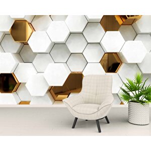 3 Boyutlu Gold Beyaz Altıgen Modern Duvar Kağıdı Baskı
