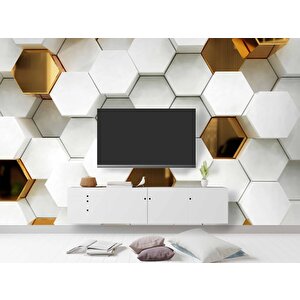 3 Boyutlu Gold Beyaz Altıgen Modern Duvar Kağıdı Baskı 550x200 cm