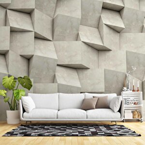 3 Boyutlu Küp Taş Beton Görünümlü Duvar Kağıdı 800x300 cm