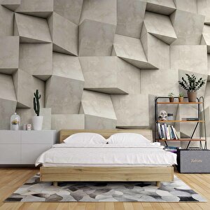 3 Boyutlu Küp Taş Beton Görünümlü Duvar Kağıdı 800x300 cm