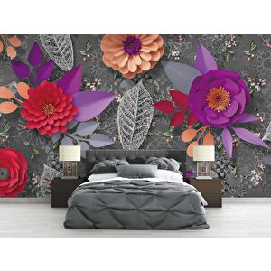 3 Boyutlu Kırmızı Ve Mor Kabartma Çiçek Duvar Kağıdı Baskı 150x300 cm