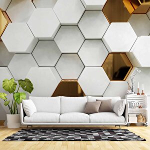 3 Boyutlu Gold Beyaz Altıgen Modern Duvar Kağıdı Baskı 800x300 cm