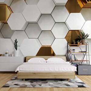 3 Boyutlu Gold Beyaz Altıgen Modern Duvar Kağıdı Baskı 800x300 cm