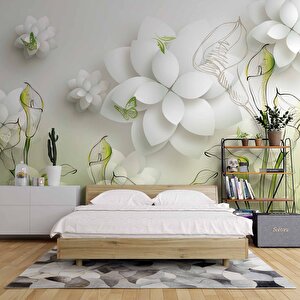 Beyaz Yeşil Çiçek Temalı Modern Duvar Kağıdı Baskı 425x240 cm