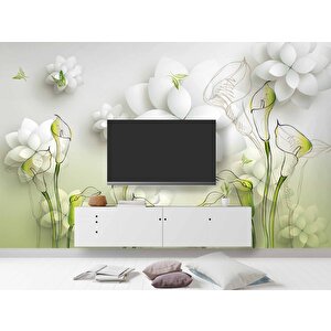 Beyaz Yeşil Çiçek Temalı Modern Duvar Kağıdı Baskı
