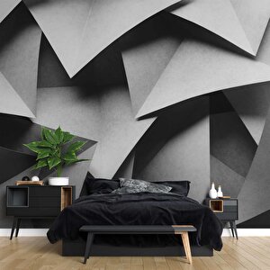3 Boyutlu Siyah Geometrik Kabartma Görünümlü Duvar Kağıdı Baskı 100x260 cm