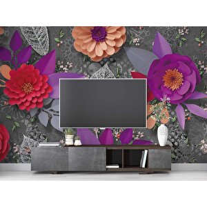 3 Boyutlu Kırmızı Ve Mor Kabartma Çiçek Duvar Kağıdı Baskı 600x200 cm