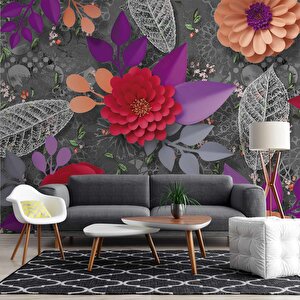 3 Boyutlu Kırmızı Ve Mor Kabartma Çiçek Duvar Kağıdı Baskı 100x100 cm
