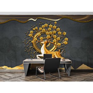 3 Boyutlu Altın Çiçek Ve Geyik Duvar Kağıdı Baskı 475x315 cm