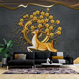 3 Boyutlu Altın Çiçek Ve Geyik Duvar Kağıdı Baskı 325x280 cm