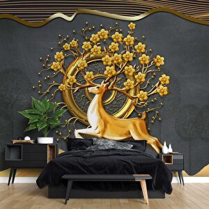 3 Boyutlu Altın Çiçek Ve Geyik Duvar Kağıdı Baskı 100x260 cm