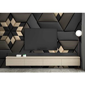 Gold Siyah Geometrik Şekilli Duvar Kağıdı 800x200 cm