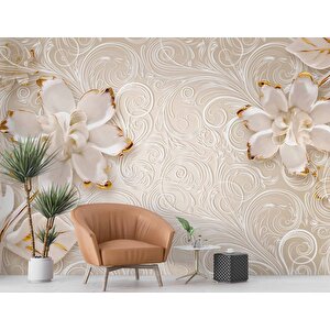 Gold-beyaz Çiçek Desenli Modern Duvar Kağıdı Baskı
