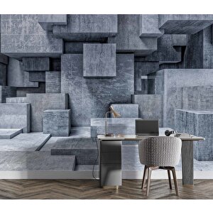 3 Boyutlu Beton Küp Görünümlü Duvar Kağıdı Baskı