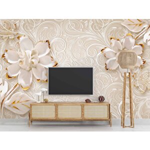 Gold-beyaz Çiçek Desenli Modern Duvar Kağıdı Baskı 300x200 cm