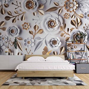 3 Boyutlu Gold-beyaz Çiçek Ve Yaprak Desenli Modern Duvar Kağıdı Baskı 450x315 cm