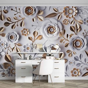 3 Boyutlu Gold-beyaz Çiçek Ve Yaprak Desenli Modern Duvar Kağıdı Baskı