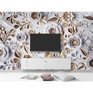 3 Boyutlu Gold-beyaz Çiçek Ve Yaprak Desenli Modern Duvar Kağıdı Baskı 350x315 cm