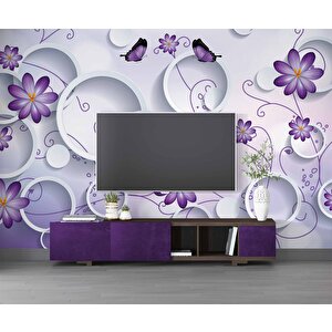 3 Boyutlu Daire, Mor Çiçek Ve Kelebek Desenli Duvar Kağıdı Baskı 475x315 cm