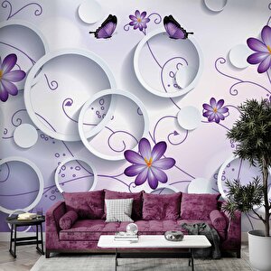 3 Boyutlu Daire, Mor Çiçek Ve Kelebek Desenli Duvar Kağıdı Baskı 700x240 cm