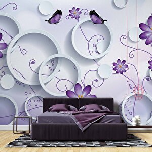 3 Boyutlu Daire, Mor Çiçek Ve Kelebek Desenli Duvar Kağıdı Baskı 800x200 cm