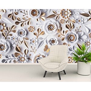 3 Boyutlu Gold-beyaz Çiçek Ve Yaprak Desenli Modern Duvar Kağıdı Baskı
