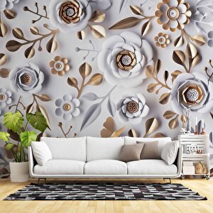 3 Boyutlu Gold-beyaz Çiçek Ve Yaprak Desenli Modern Duvar Kağıdı Baskı 800x260 cm