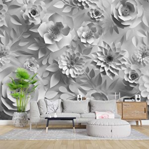 3 Boyutlu  Beyaz Ve Gri Çiçek Duvar Kağıdı Baskı 250x200 cm