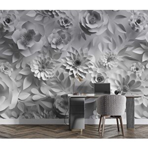 3 Boyutlu  Beyaz Ve Gri Çiçek Duvar Kağıdı Baskı