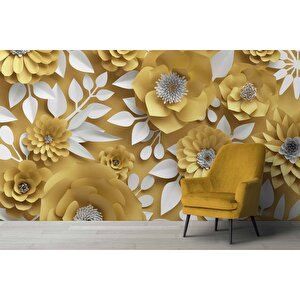 3 Boyutlu Sarı Çiçek Desenli Duvar Kağıdı Baskı