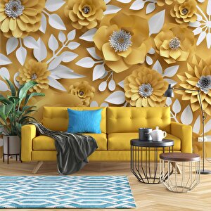 3 Boyutlu Sarı Çiçek Desenli Duvar Kağıdı Baskı 250x200 cm