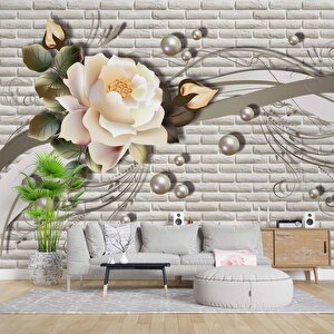 3 Boyutlu Tuğla Duvar Üstünde Gül Desenli Duvar Kağıdı Baskı 475x260 cm