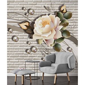 3 Boyutlu Tuğla Duvar Üstünde Gül Desenli Duvar Kağıdı Baskı