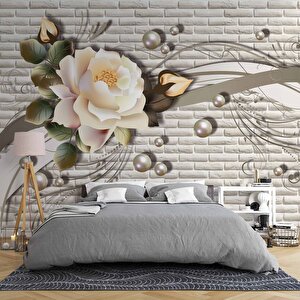 3 Boyutlu Tuğla Duvar Üstünde Gül Desenli Duvar Kağıdı Baskı 525x240 cm
