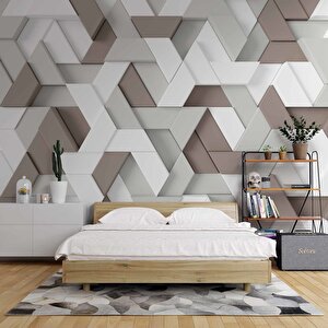 3 Boyutlu Kahverengi Beyaz Üçgen Kabartma Görünümlü Duvar Kağıdı Baskı 325x200 cm