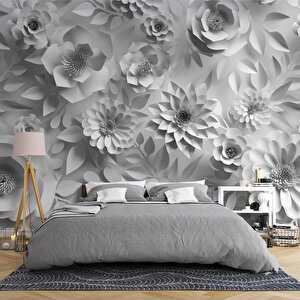 3 Boyutlu  Beyaz Ve Gri Çiçek Duvar Kağıdı Baskı 475x260 cm