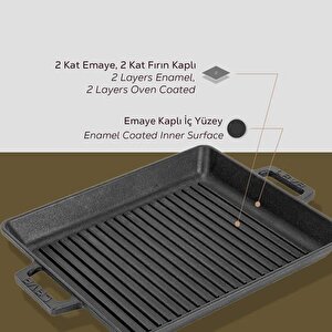 Lava Döküm Dikdörtgen Izgara Tavası Döküm Demir Yekpare Çift Kulplu Ölçü 26x32cm.